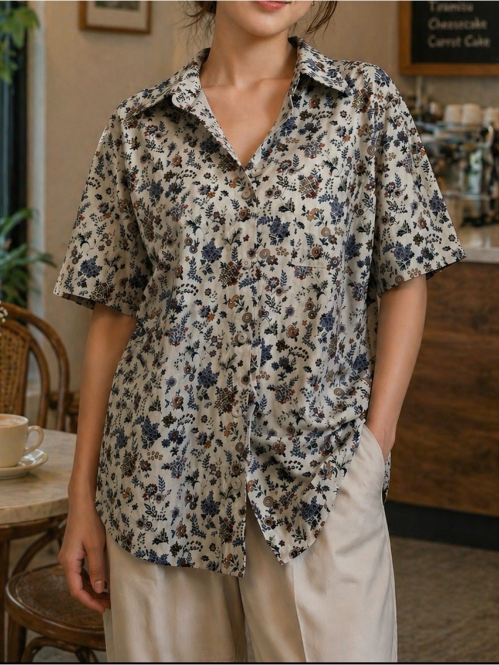 Women's Short Sleeve Floral Button-Up Shirt - Cream Blue